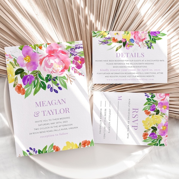 Modèle d'invitation de mariage floral jaune violet rose coloré, invitations de mariage floral printemps été jardin lumineux, numérique