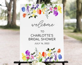 Colorful Bridal Welcome Sign, Editable Template, Wildflowers Bridal Shower Sign, purple, red, pink, blue colors (Lily)