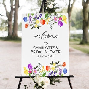 Colorful Bridal Welcome Sign, Editable Template, Wildflowers Bridal Shower Sign, purple, red, pink, blue colors (Lily)