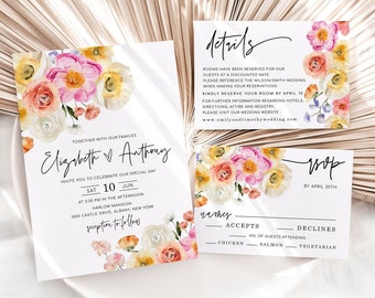 KAIA Bright Flirty Floral Wedding Invitation Template, Colorful Spring Summer Floral Wedding Invites, Peach Pink Yellow, Digital
