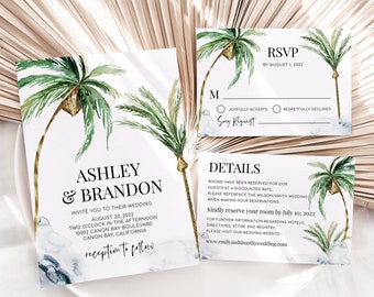 Palm Tree Wedding Invitation Template, Printable Tropical Wedding invitation Suite, Minimal Wedding Invitation, digital, Editable PDF, Ella