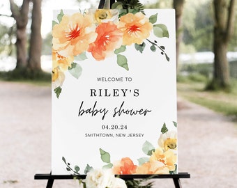 SARAI Floral Welcome Sign Poster, Shower Welcome Sign Decor, Orange Yellow Peach Welcome Sign Template, Instant Download, editable