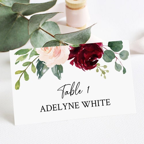 Burgundy Wedding Place Card Template Printable Place Card - Etsy