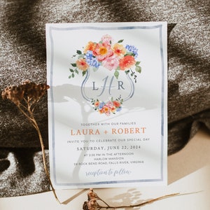 Floral Crest Wedding Invitation, Watercolor Monogram Wedding Invite, Colorful Garden Bridal Shower, Spring Summer Floral, MAISON