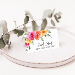 Étiquette florale de nourriture SARAI, décoration de carte de buffet, étiquette de nourriture de fête rose jaune pêche, téléchargement immédiat, modifiable
