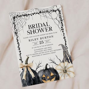 SPOOKY Fall Pumpkin Bridal Shower Invitation Template, Black Halloween Spider Web Bridal Shower Invites, Digital Download