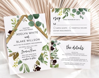 Greenery Wedding Invitation Set Template, Sage Green Wedding Suite, Garden, Botanical, Digital Download, Serenity