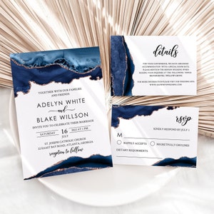 Navy Blue Wedding Invitation Template, Blue Agate Wedding invitation Suite, Rose Gold, digital, Adelyn