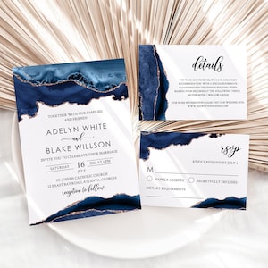 Navy Blue Wedding Invitation Template, Blue Agate Wedding invitation Suite, Rose Gold, digital, Adelyn