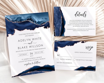 Navy Blue Wedding Invitation Template, Blue Agate Wedding invitation Suite, Rose Gold, digital, Adelyn