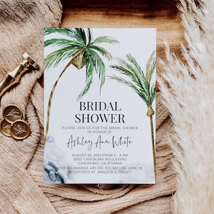 SUMMER Tropical Palm Tree Bridal Shower Invitation Template, Beach Bridal Shower Invite, Sea, editable invitation (Ella)