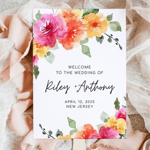SARAI Orange Pink Floral Wedding Fan Program Template, Spring Floral Colorful Wedding Décor, Printable Order of Service, DIY Editable