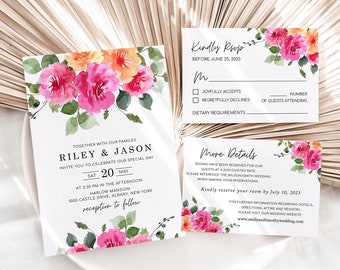 Puede incluir: Conjunto de invitaciones de boda con diseños florales rosas y naranjas. La tarjeta de invitación dice "Riley & Jason" e incluye la fecha "Sáb 20 de mayo". La tarjeta RSVP incluye una sección para que los invitados indiquen su asistencia y sus requisitos dietéticos. La tarjeta de detalles proporciona información sobre el lugar de la boda y el alojamiento.