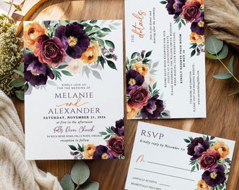 Floral Wedding Invitations Suite: Purple & Orange Bold Flowers Invite (Printable Template) Makenna