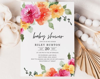 SARAI Pfirsich Rosa Gelb Floral Baby Shower Einladung Vorlage, Bunt Frühling Sommer Baby Shower Einladung Vorlage, Digital