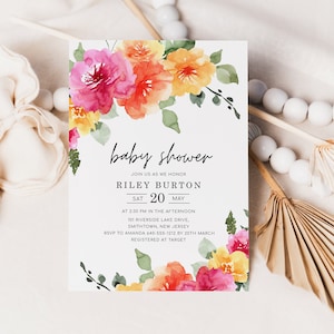 SARAI Peach Pink Yellow Floral Baby Shower Invitation Template, Colorful Spring Summer Floral Baby Shower Invites, Digital