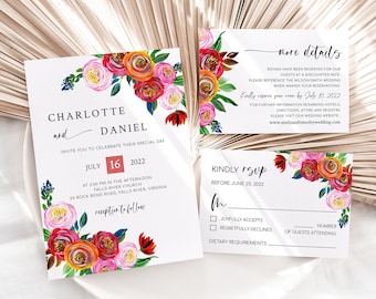 Colorful Floral Wedding Invitation Template, Printable Summer Wedding invitation Suite, red, pink, orange, digital, Editable PDF, Yvonne