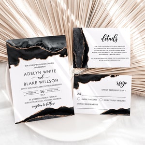 Marble Wedding Invitation Template, Printable Black Wedding invitation Suite, Black and Gold, digital, Editable PDF