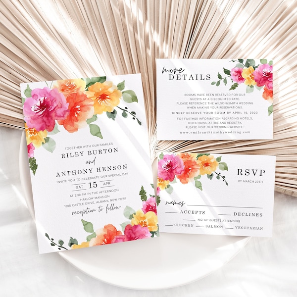 SARAI Peach Pink Yellow Floral Wedding Invitation Template, Colorful Spring Summer Floral Wedding Invites, Digital