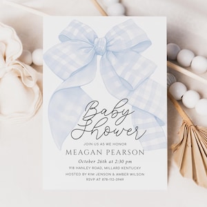 Blau Gingham Bogen Baby Shower Einladung Vorlage, Coquette Party Baby Shower Einladung, Digital, Spencer