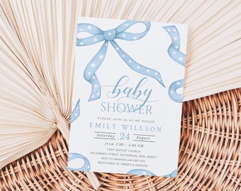 Blue Baby Shower Invitation template, Light Blue Bow, Elegant Baby Shower Party Invite, Editable text, Instant Download, BBS