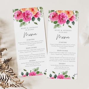 Modèle de menu SLOAN rose pêche roses vif, menu floral printanier coloré, menu de dîner de mariage, décoration de table, carte de menu numérique, numérique