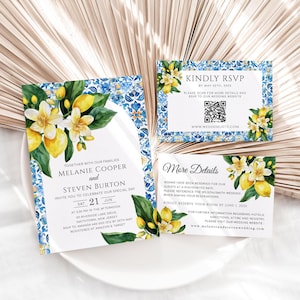 Mediterranean Wedding Invitation Template, Summer Lemon Wedding Invites, Blue Mediterranean Tile, Digital, Calista