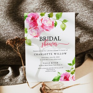 Pink Floral Bridal Shower Invitation Template, Bright Floral Bridal Shower Invitations, Hot Pink Flowers, Digital, Etta