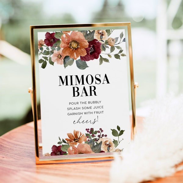 NIA Mimosa Bar Sign, Modern Floral Mimosa Bar Sign, Wedding Mimosa Bar Sign, Orange Terracota Burgundy, Editable Baby Bridal Shower DIY