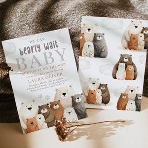 Bär-Babyparty-Einladung, Wir können Bären-Babyparty-Einladung warten, Familienbär, geschlechtsneutral, bearbeitbare Einladung, INSTANT DOWNLOAD