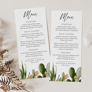 Modello di menu di cactus arancione pesca, menu estivo floreale moderno del deserto, menu per cene di nozze, decorazioni da tavola, menu digitale, SARIYAH