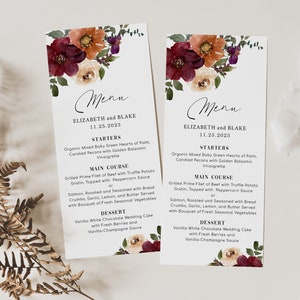 Modèle de menu floral NIA orange terre cuite bordeaux, menu floral automne automne, menu de dîner de mariage, décoration de table de mariée, carte de menu numérique
