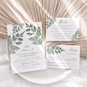 Convites de casamento com folhagens, conjunto de casamento com samambaias com RSVP e cartão de detalhes, convite de casamento com folhagens, convite digital elegante para casamento, REESE