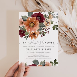NIA Orange Terracota Burgundy Floral Couples Shower Invitation, Fall Autumn Floral Wedding Shower Invitation Template, digital