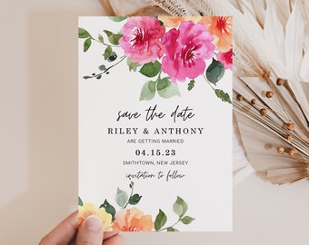 SLOAN Bright Pink Peach Roses Floral Save the Date Invitation, Colorful Spring Summer Floral Save our Date Invite, digital