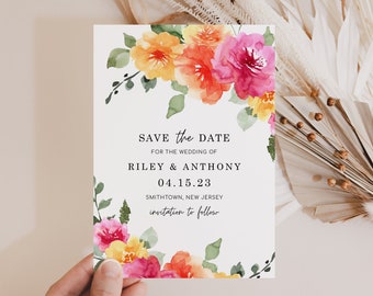 SARAI Peach Pink Yellow Floral Save the Date Invitation Template, Colorful Spring Summer Floral Save our Date Invite, digital