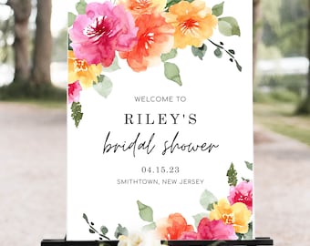 Placa de boas-vindas floral para chá de panela: decoração em tons de pêssego, rosa e amarelo, modelo editável, download instantâneo, SARAI