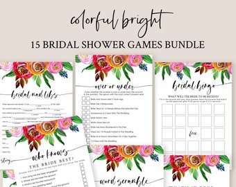 Editable Bridal Shower Games 15 Printable, COLORFUL Bright Floral Wedding Shower Games, Bridal Party Games, Bride or Groom Game (Yvonne)