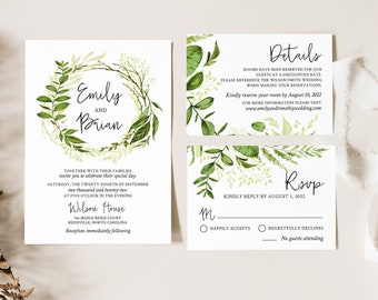 EMILY Greenery Wedding Invitation Template Set, Forest Leaf Wedding Invites, Digital