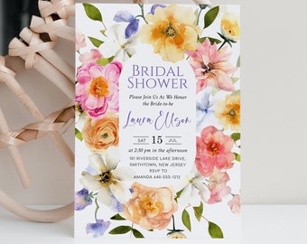 Summer Floral Garden Crest Bridal Shower Invitation Template, Colorful Spring Floral Bridal Shower Invites, Digital, FLO
