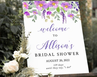 Purple Flowers Welcome Template, Bridal Decoration, Lavender Welcome Poster Board, Bright Wildflowers, FULLY editable sign #Sadie