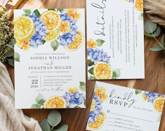 Modello di invito di nozze floreale luminoso: set di 4 biglietti con ortensie agrumate e blu (download digitali stampabili), Constance