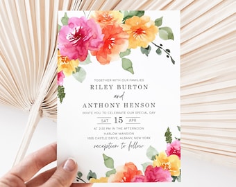 SARAI Peach Pink Yellow Floral Wedding Invitation Template, Colorful Spring Summer Floral Wedding Invites, Digital