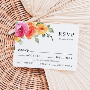Modèle de carte RSVP, carte florale rose jaune pêche SARAI, cartes RSVP florales colorées printemps-été, numérique
