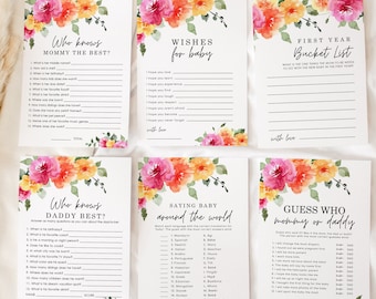SARAI Peach Pink Yellow Floral Baby Shower Games 17 Printable, Colorful Spring Summer Floral Baby Shower Games, Baby Party Games, editable