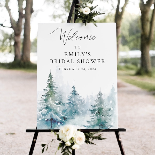 WINTER Bridal Shower Welcome Sign, Pine Trees Wedding Shower sign, Forest Snowy editable welcome sign, digital, Raelynn