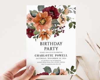 Orange Terracota Burgundy Floral Birthday Party Invitation, Fall Autumn Flowers Celebration Invite, DIY Editable Template, NIA