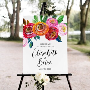 Colorful Bright Floral Wedding Welcome Sign Template, Summer Acrylic Wedding Welcome Sign, purple, red, pink, orange colors (Yvonne)