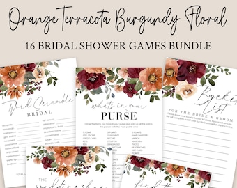 Editable Bridal Shower Games 16 Printable, Orange Terracota Burgundy Floral Wedding Shower Games, Bridal Party Games Bride or Groom Game NIA