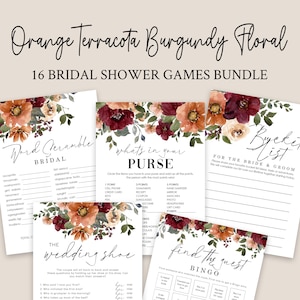 Editable Bridal Shower Games 16 Printable, Orange Terracota Burgundy Floral Wedding Shower Games, Bridal Party Games Bride or Groom Game NIA